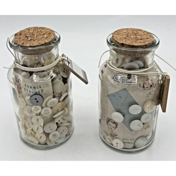 Vintage Buttons In Glass Bottles W/Cork s 5” Tall Various Buttons - Picture 2 of 11